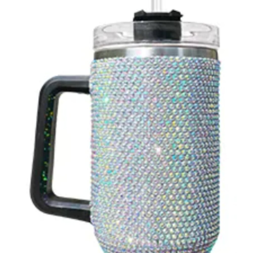 Rhinestone Glitter Bling 40oz tumbler w/Handle & Straw- Stainless Steel SILVER
